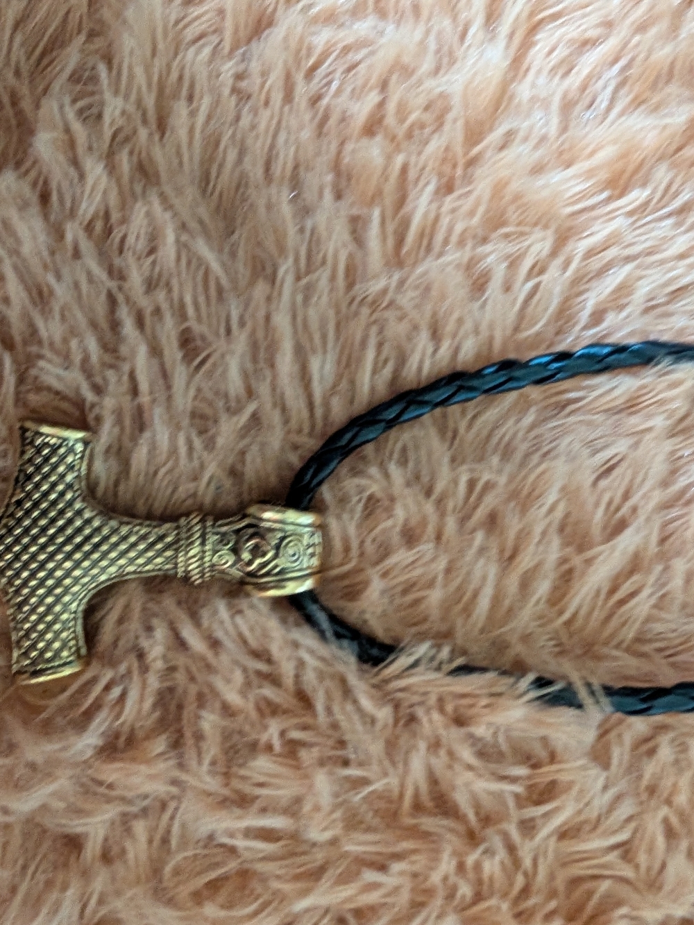 Braided Black Leather Necklace with Gold Thor Hammer Pendant